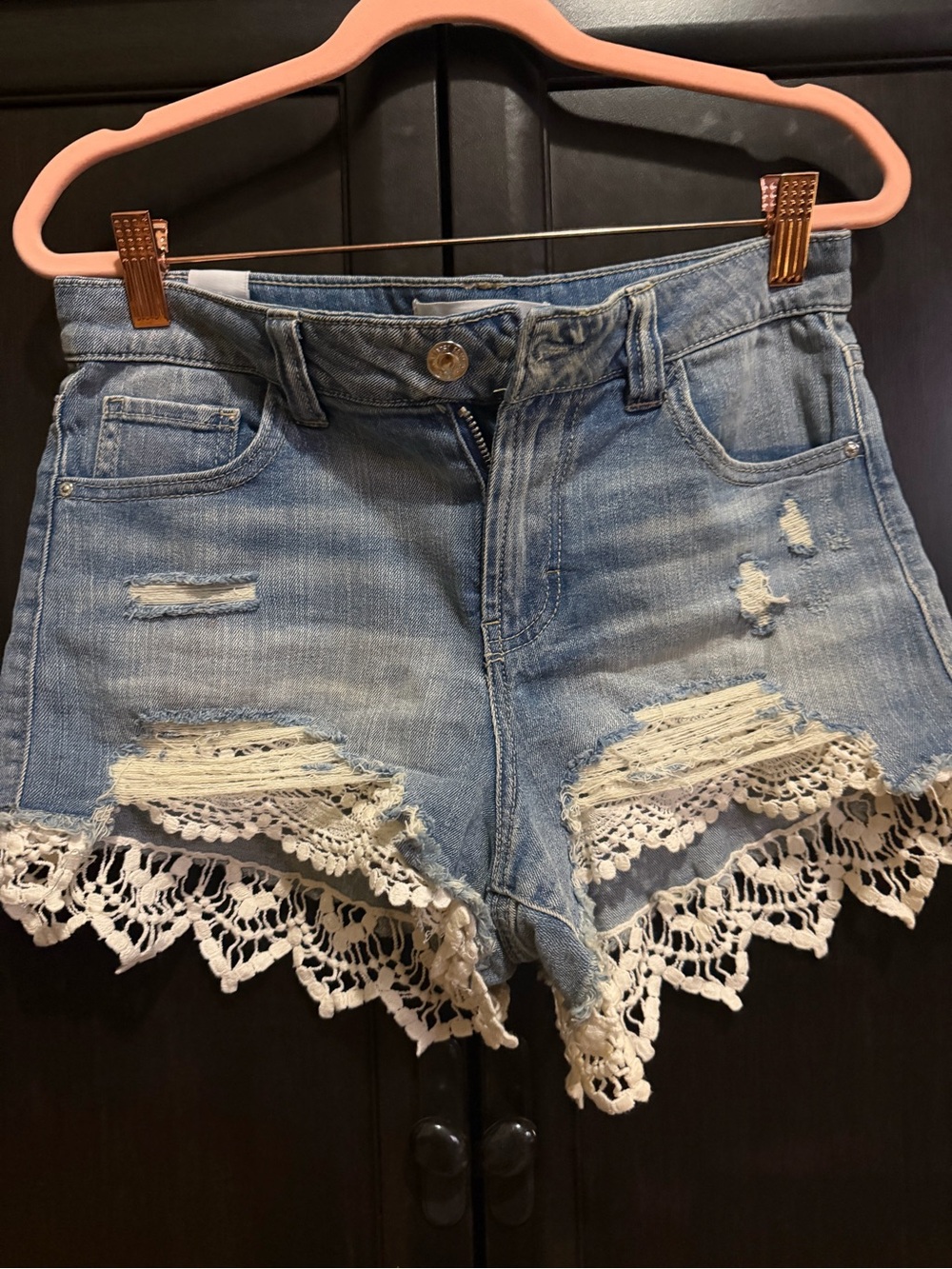 Almost Famous Light Blue Distressed Denim Shorts with White Crochet